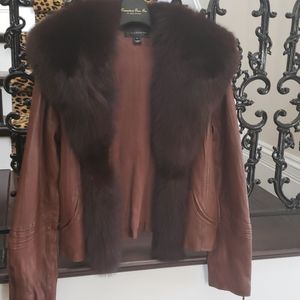 Bagatelle custom brown leather fox fur jacket